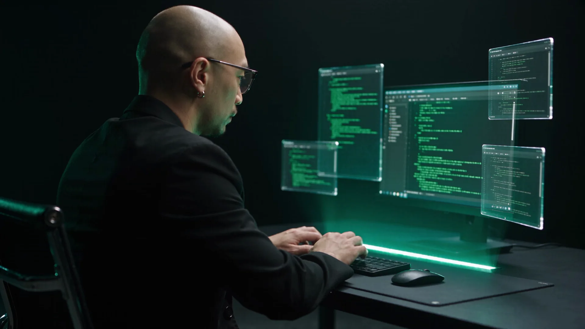 Nelson at a dark desk, typing, surrounded by floating terminal panels